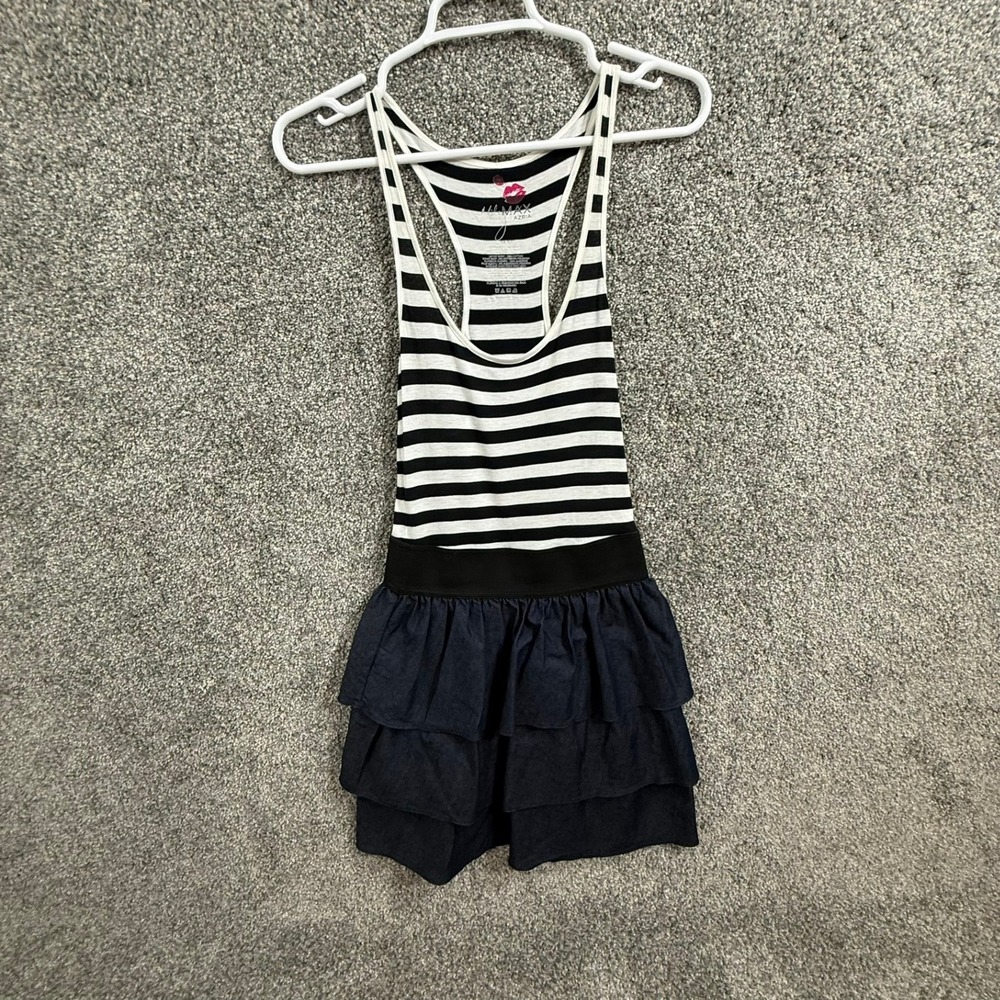 Miley Cyrus Max Azria Striped Tiered Ruffle Mini Dress Black White Denim Medium